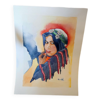 Peinture aquarelle femme berbère  signée