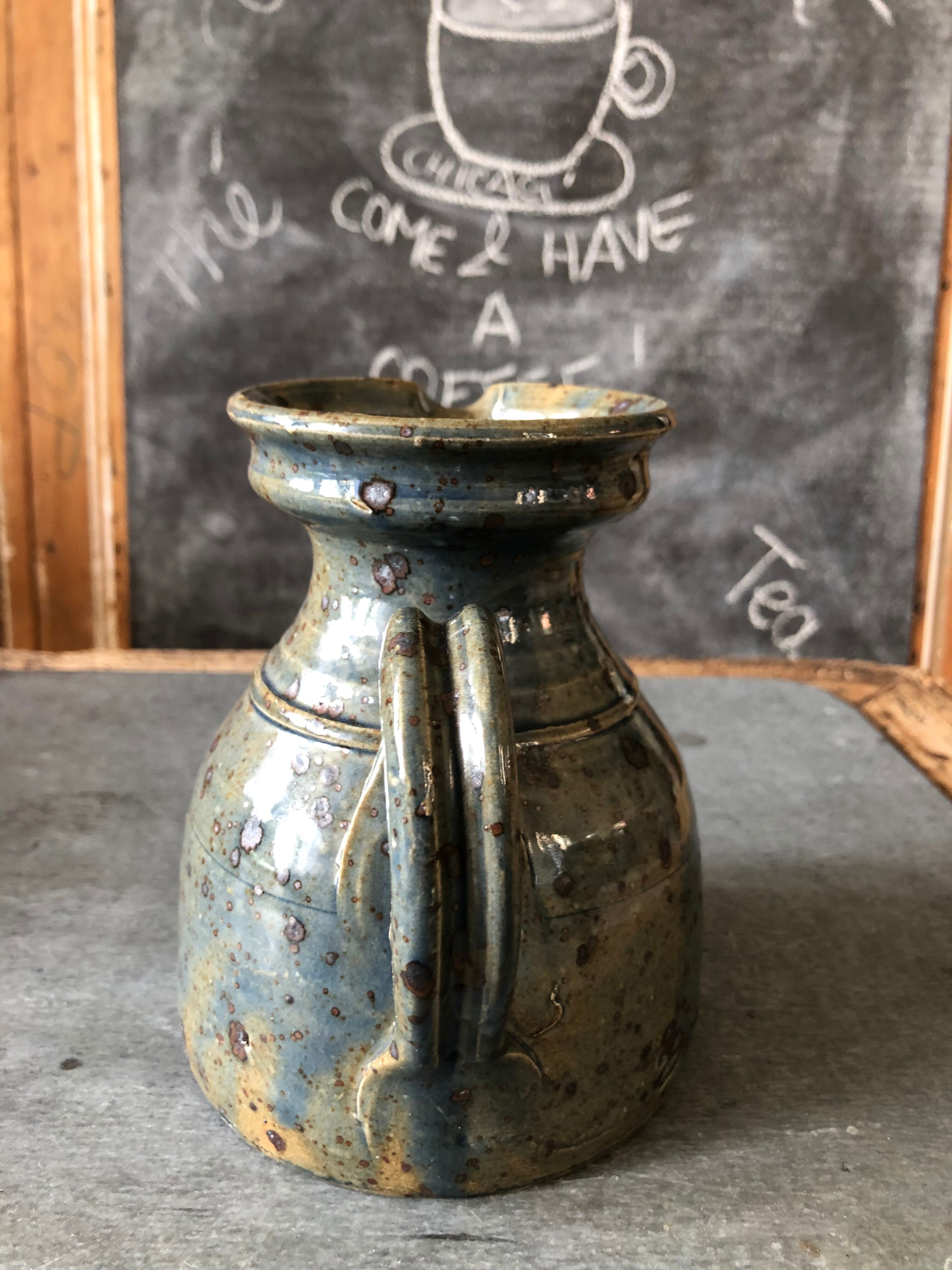 Handmade 70s-original blue enamelled sandstone pitcher