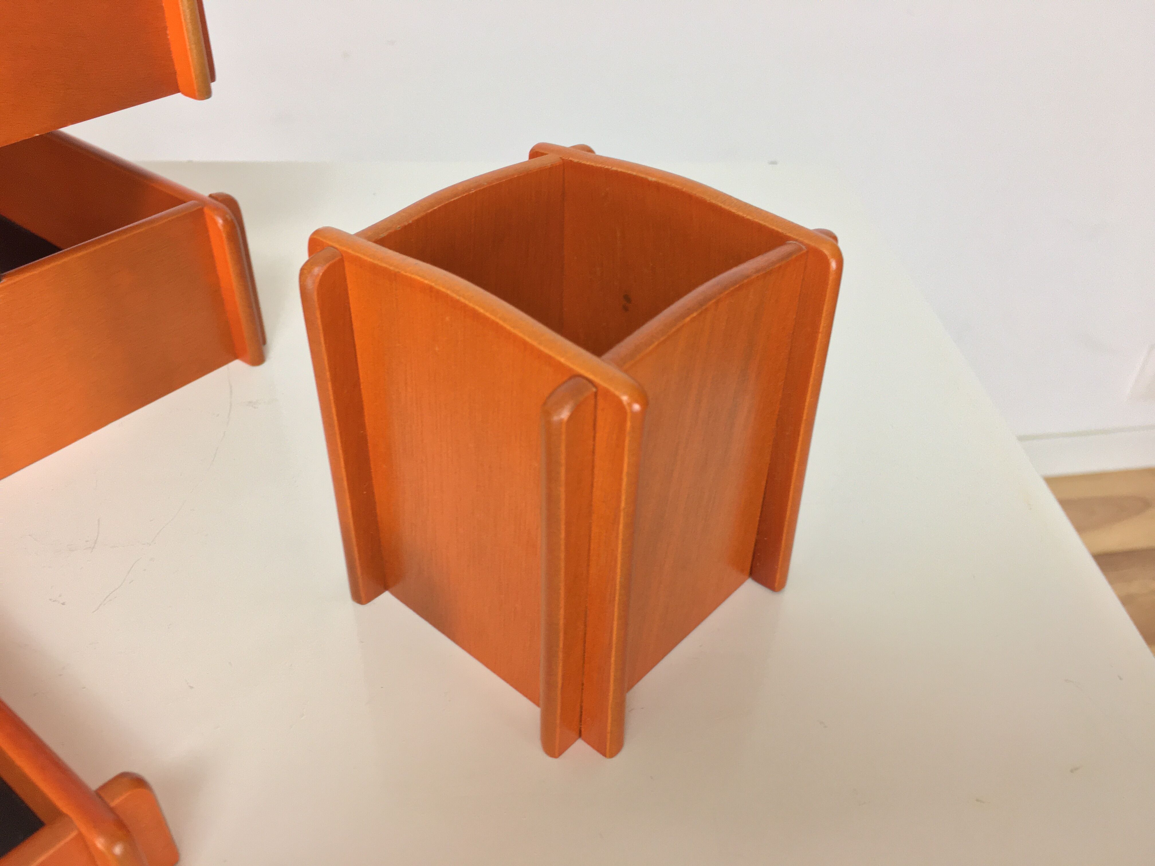 70's orange wood desk set, sorter, vintage pencil jar