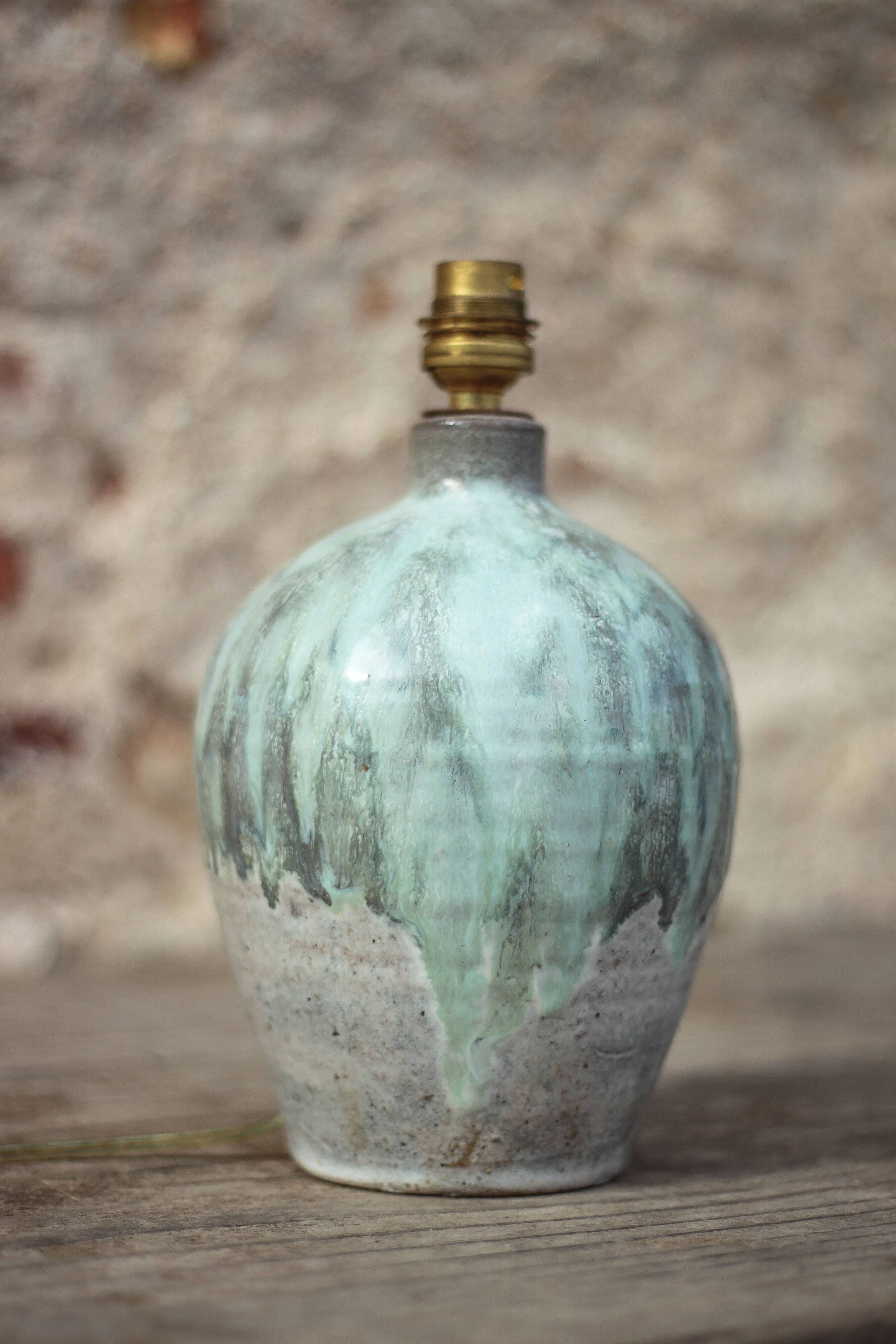 Vintage blue/grey glazed stoneware lamp, round lamp base, lamp stand.