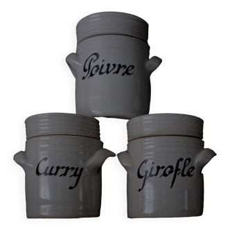 Old vintage stoneware spice jars x3. Pepper Clove Curry. Trio of gray stoneware pots.