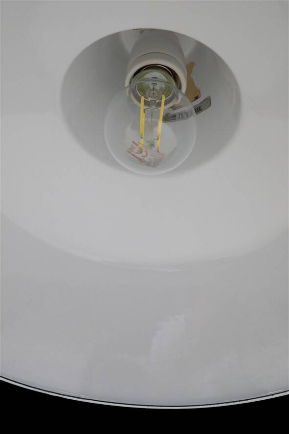 Louis Poulsen / Axel Wedel Madsen “Arbejdspendel” enamel pendant lamp / Danish industrial design / orange