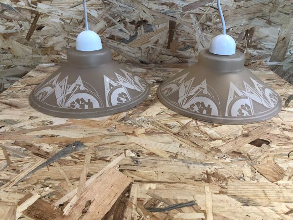 Ancienne paire suspension vianne verre moulé + décor + fil blanc vintage