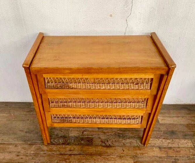 Modernist vintage chest of drawers in light chene has 3 drawers rattan top changing table