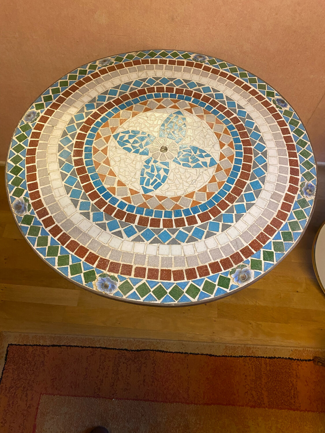 Mosaic garden table, gooseneck legs
