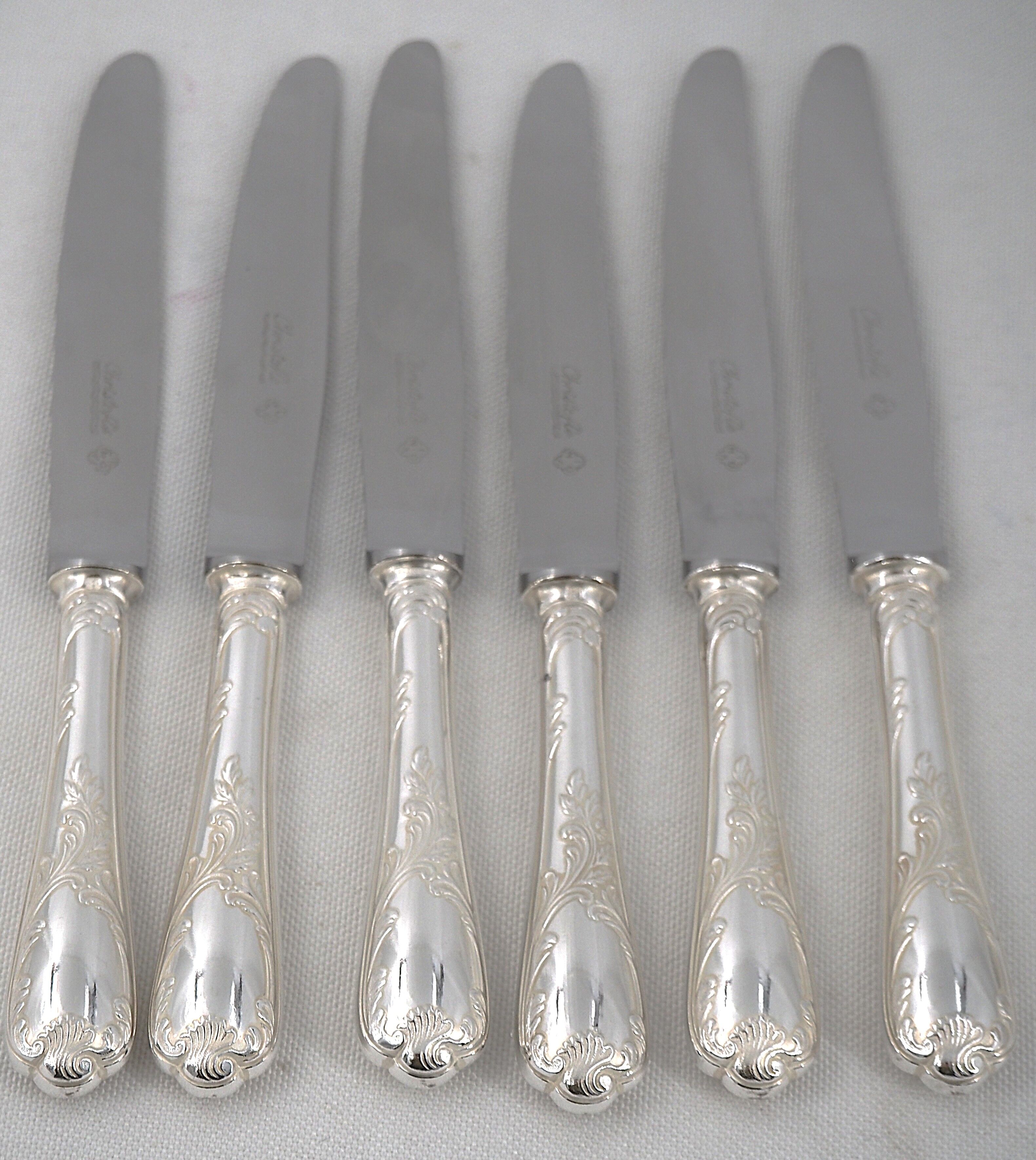 Christofle Marly, 6 dessert knives, for dessert and cheese, silver-plated metal.