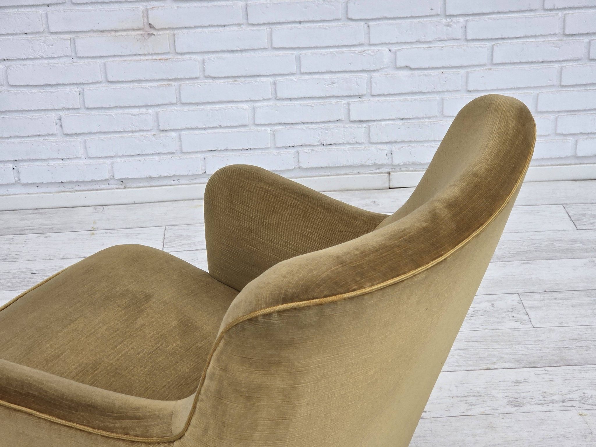 1970s, Danish lounge chair, light green furniture velour, beech wood.