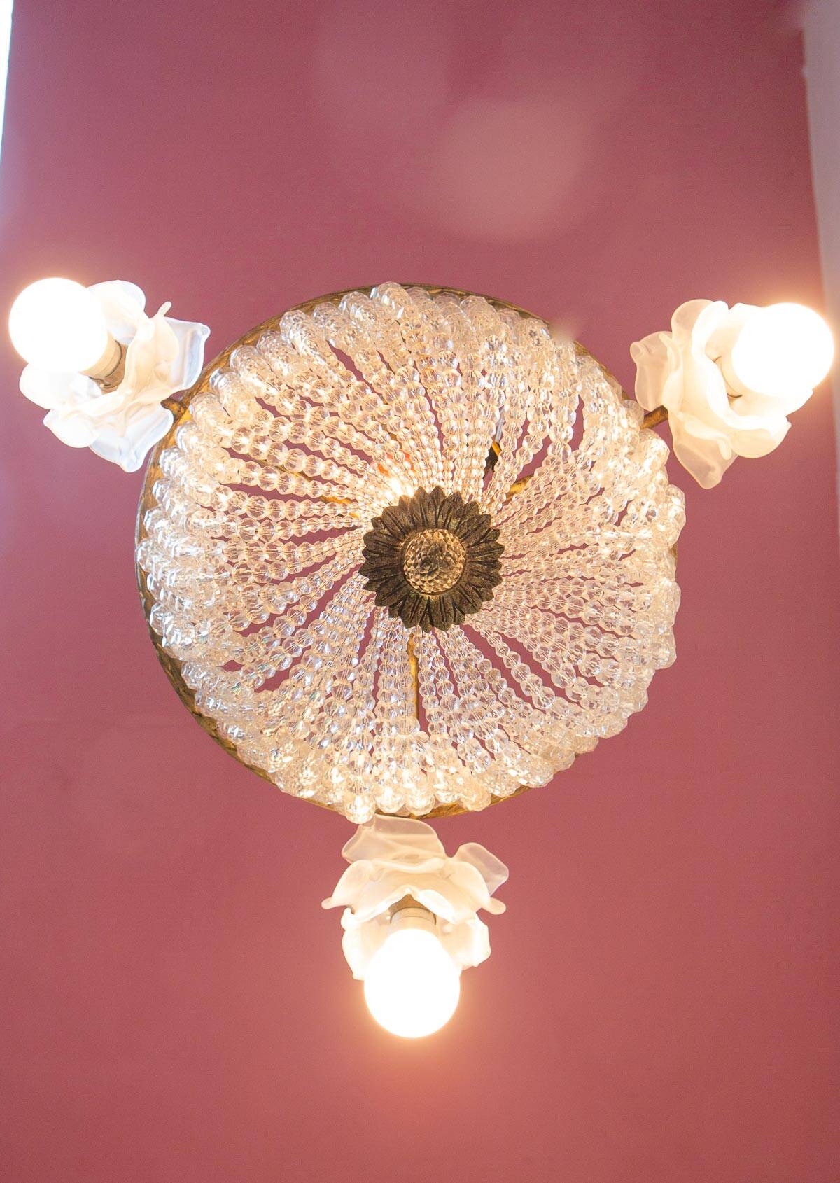 Old bronze ceiling light and 3 tulip flowers