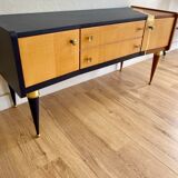 Vintage furniture revamped in navy blue, terracotta, and gold leaf – Reimagined mid-century style.