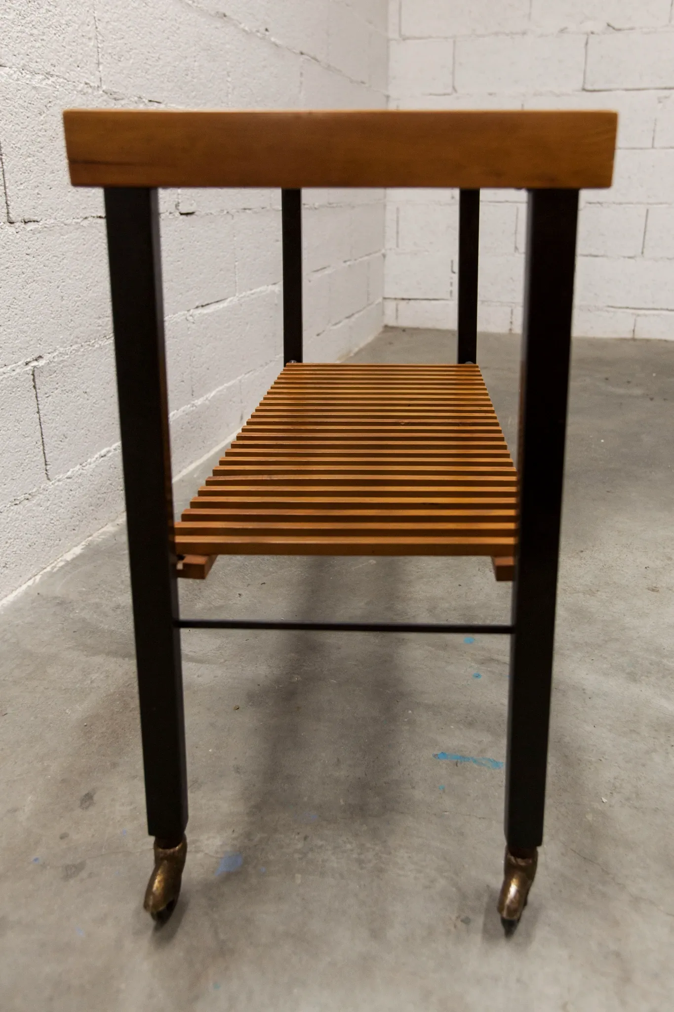 1960s hi-fi cabinet on wheels, teak, black metal, glass