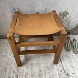 Solid elm and leather stool Maison Regain