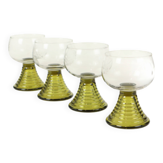 Set of 4 Vintage Roemer Etched Glasses Green Base Germany