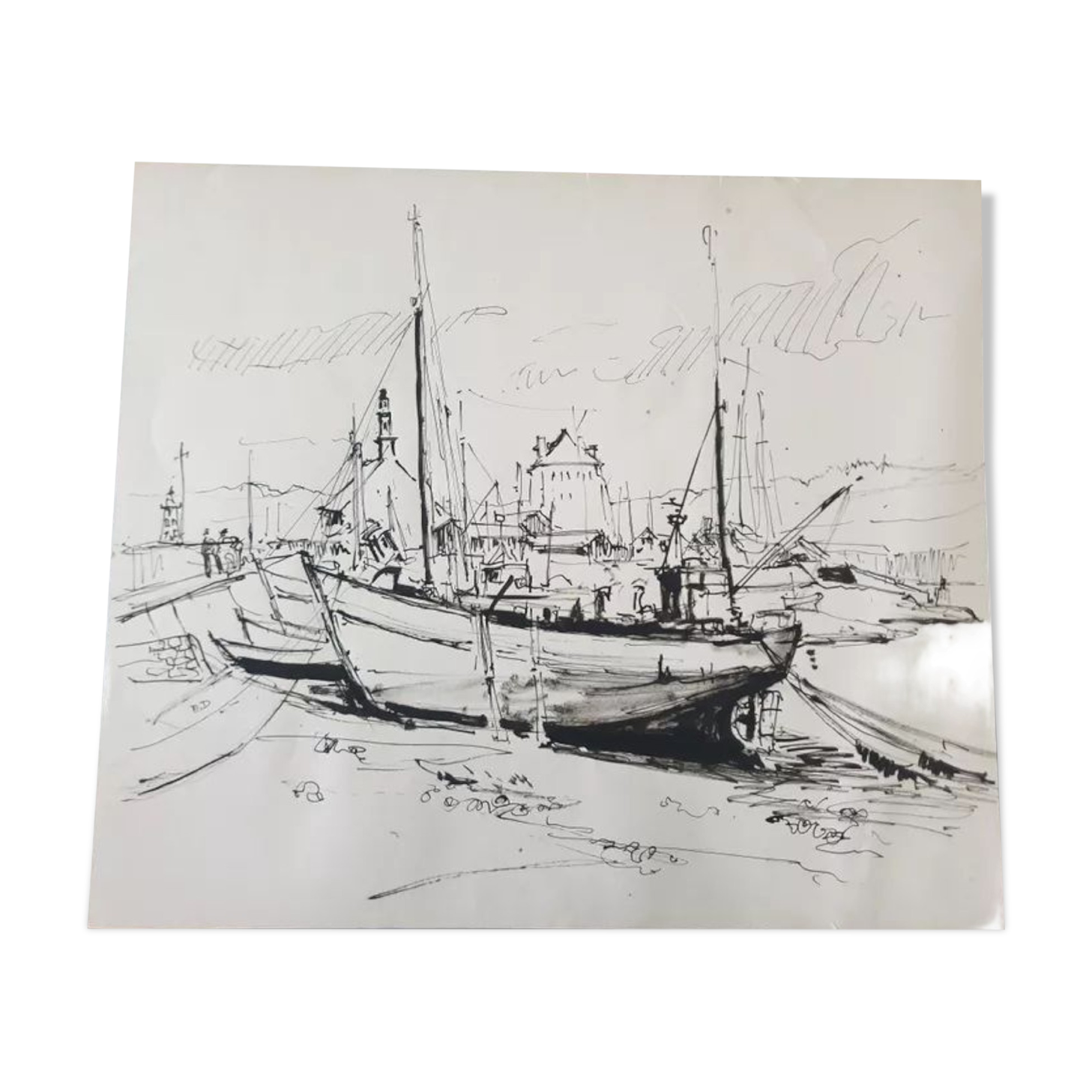 André Duculty (1912-1990) Ink on paper "Port de pêche" Monogrammed lower left