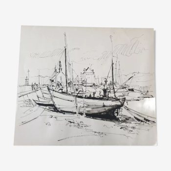 André Duculty (1912-1990) Ink on paper "Port de pêche" Monogrammed lower left