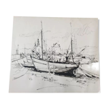 André Duculty (1912-1990) Ink on paper "Port de pêche" Monogrammed lower left