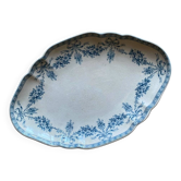 Petit plat terre de fer Emile Bourgeois motif guirlande fleurs bleues