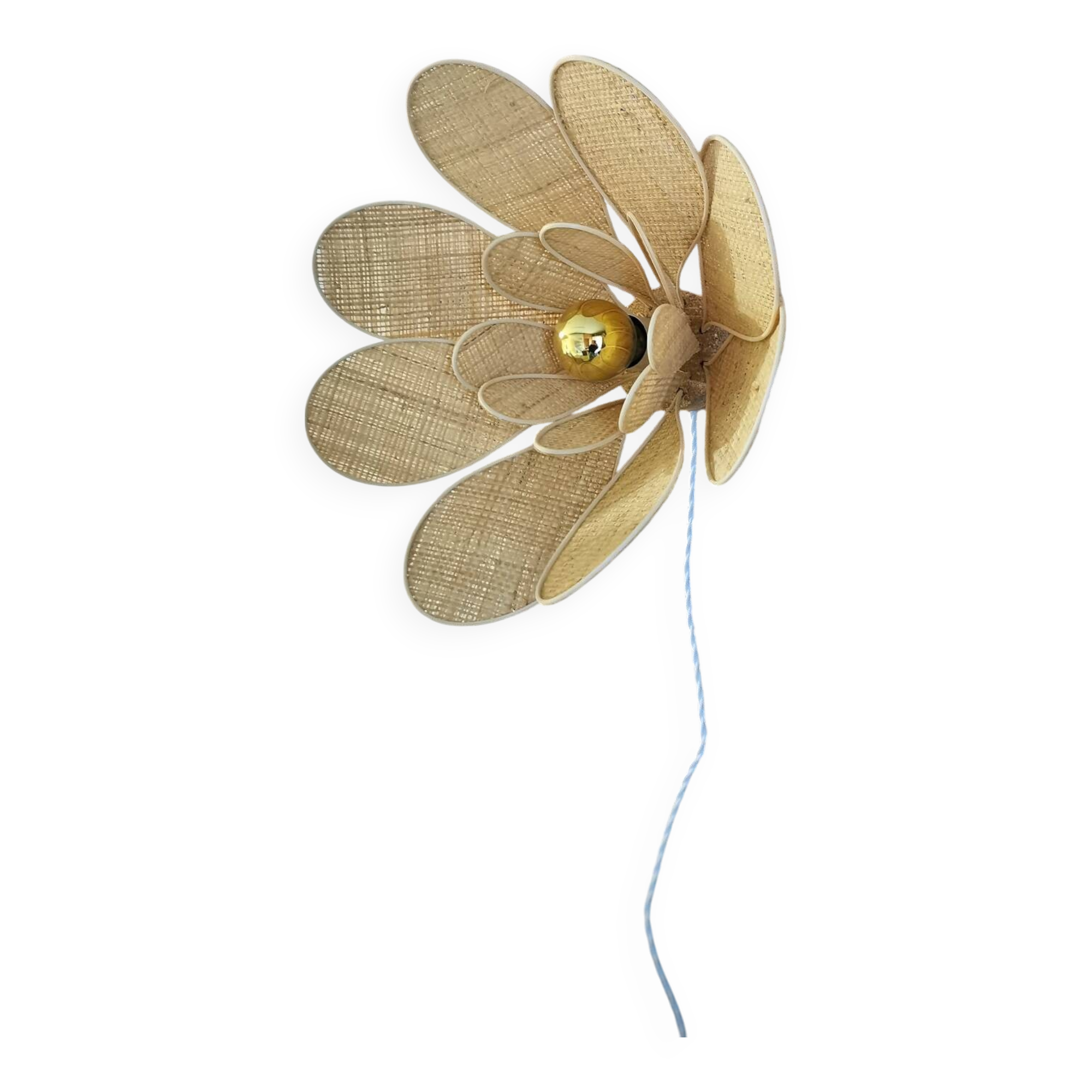 Flower wall light made of rattan and raffia petals
