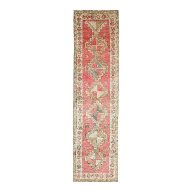 Vintage Turkish Hand-Knotted Wool Cotton Pink Runner Rug 92x364