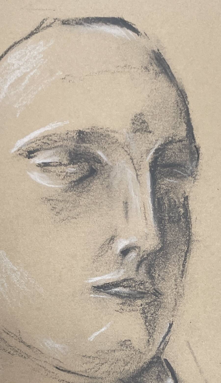Signed drawing, charcoal study of a woman's face for workshop plaster.