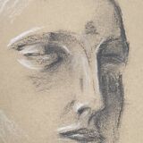 Signed drawing, charcoal study of a woman's face for workshop plaster.