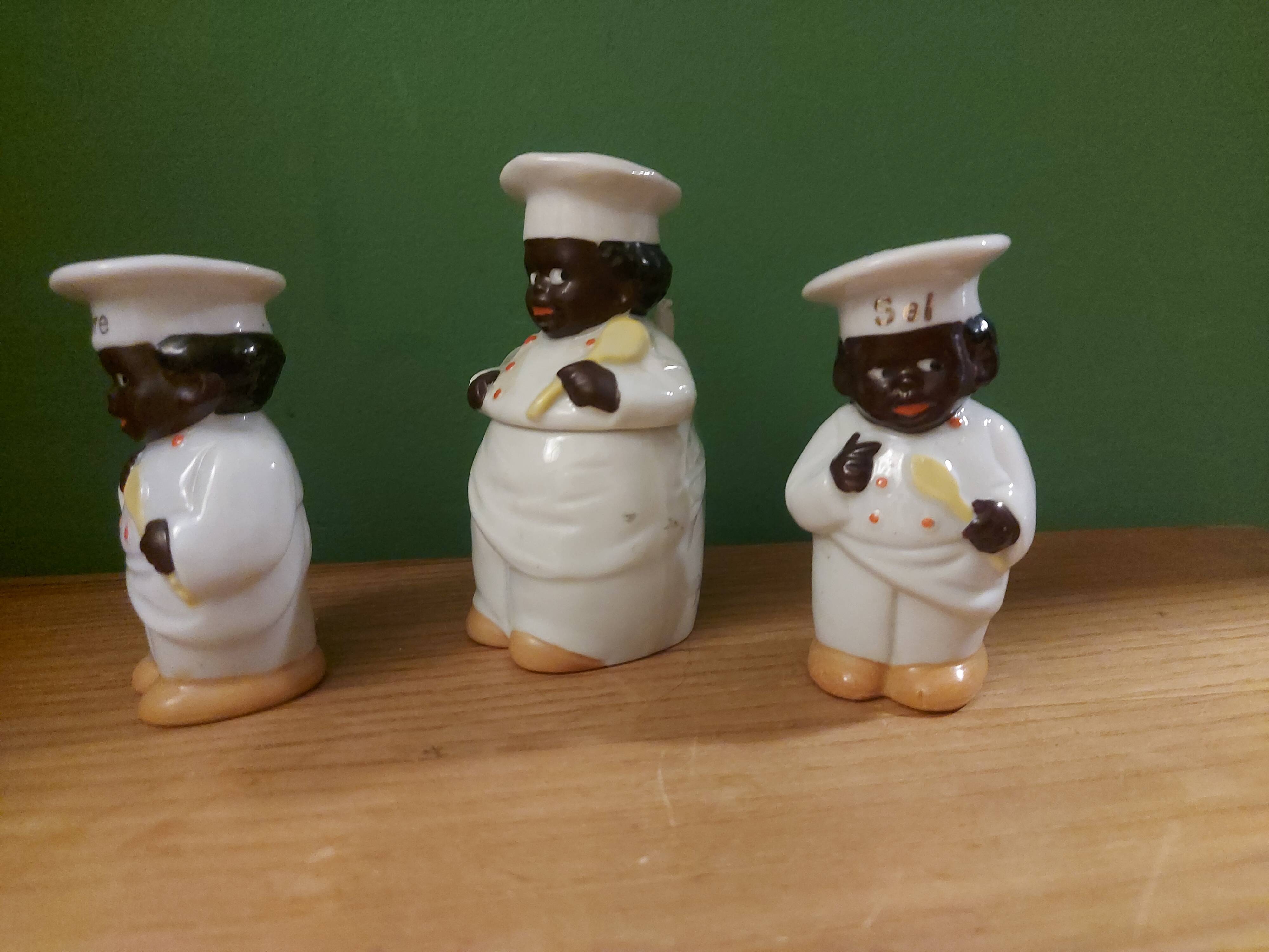Vintage salt shaker, pepper and mustard set