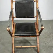 1970s French Folding Safari Chair in Teak, Black Leather and Brass