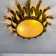 Spanish crown sunburst fixture in gilt metal and frosted glass, 1950s