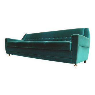 Vintage blue velvet 3-seater sofa made in the 1970s