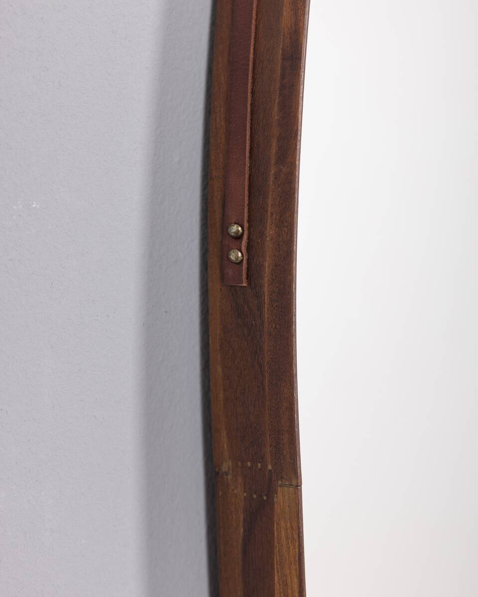 Vintage 1970s oval wall mirror in wood, italian design