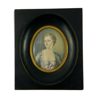 Hand-painted miniature signee andre portrait woman noble wooden frame