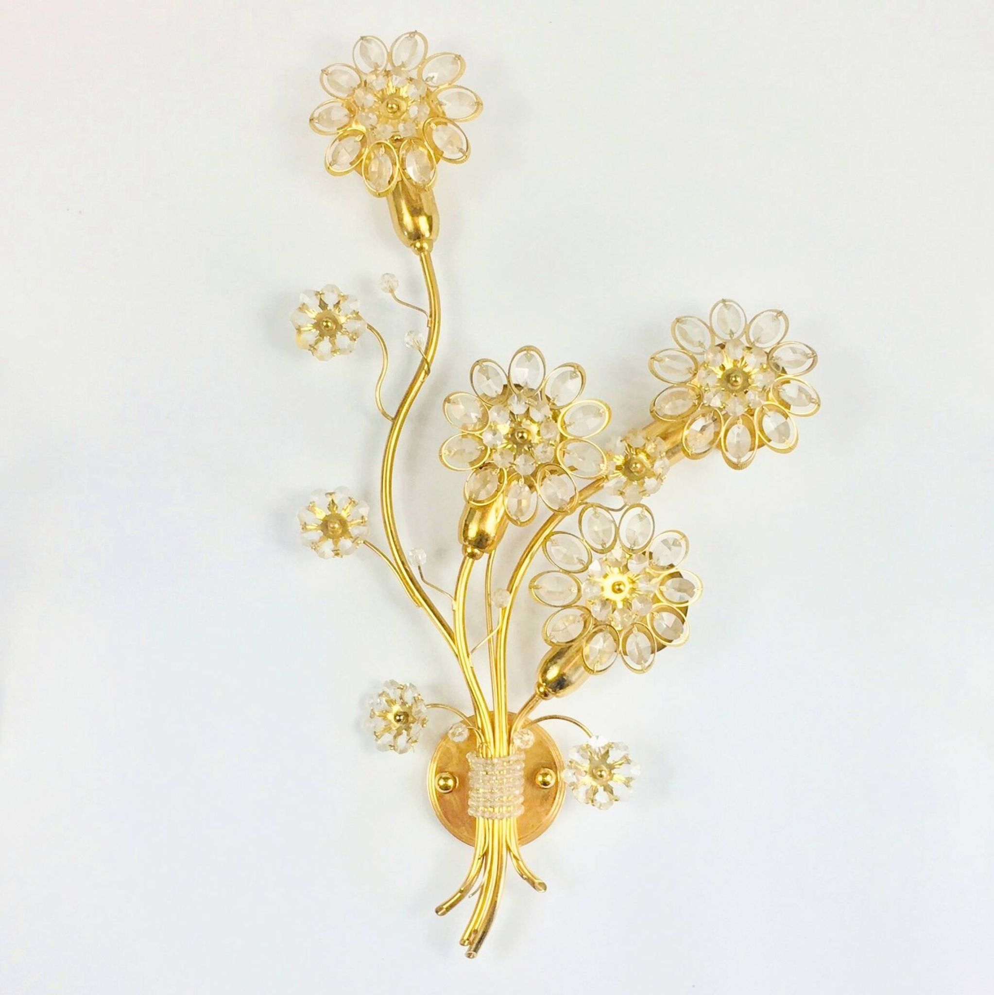 Pair of Extra Large Mid Century Gilt Brass & Crystal Flower Shape Wall Lights from Palwa, Germany