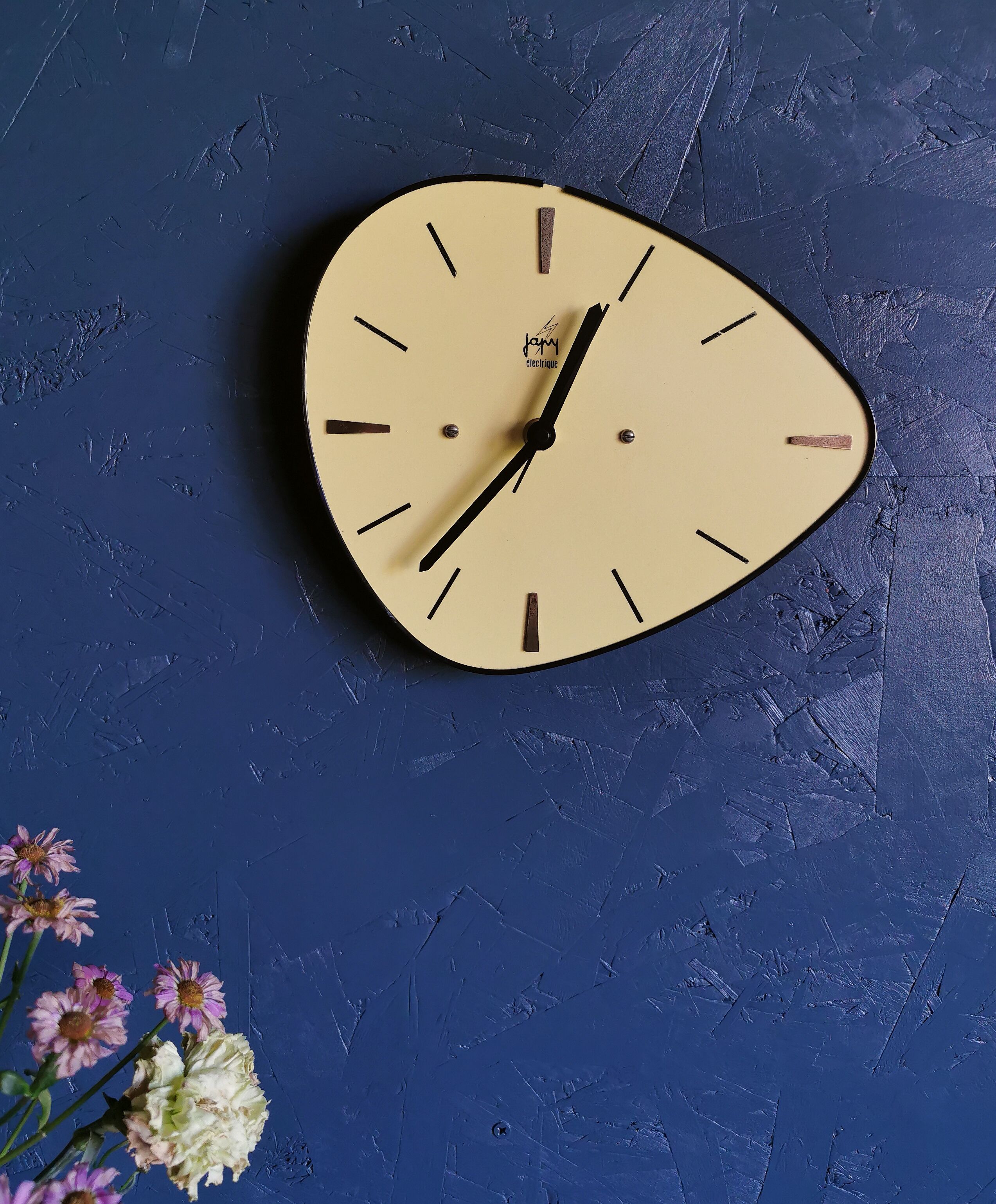 Vintage formica clock asymmetrical silent wall clock "Japy electric yellow"