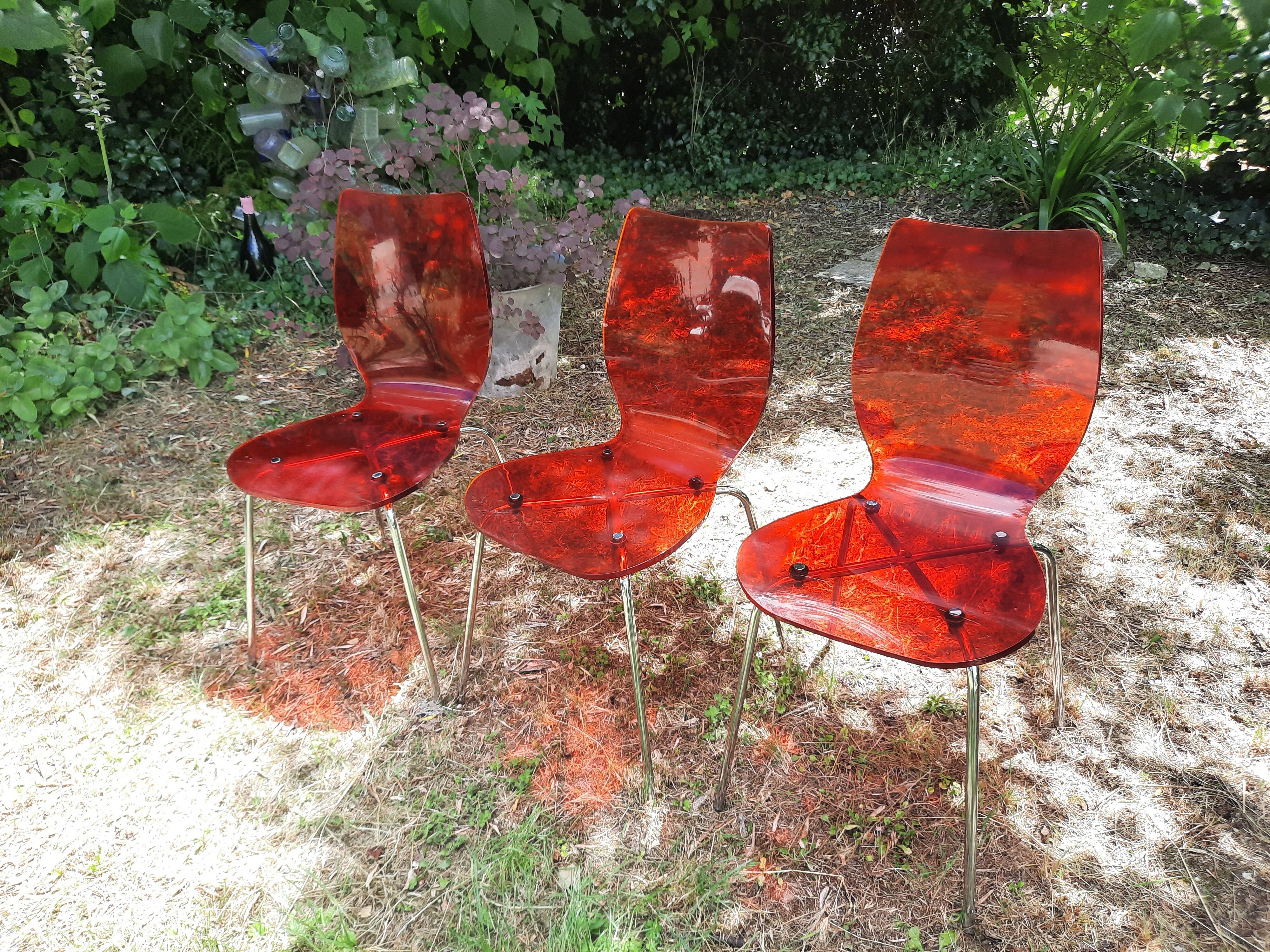 set of 3 vintage plexiglass chairs