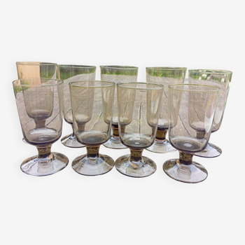9 water and wine stemmed glasses, smoked brown, vintage 70's
