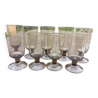 9 water and wine stemmed glasses, smoked brown, vintage 70's