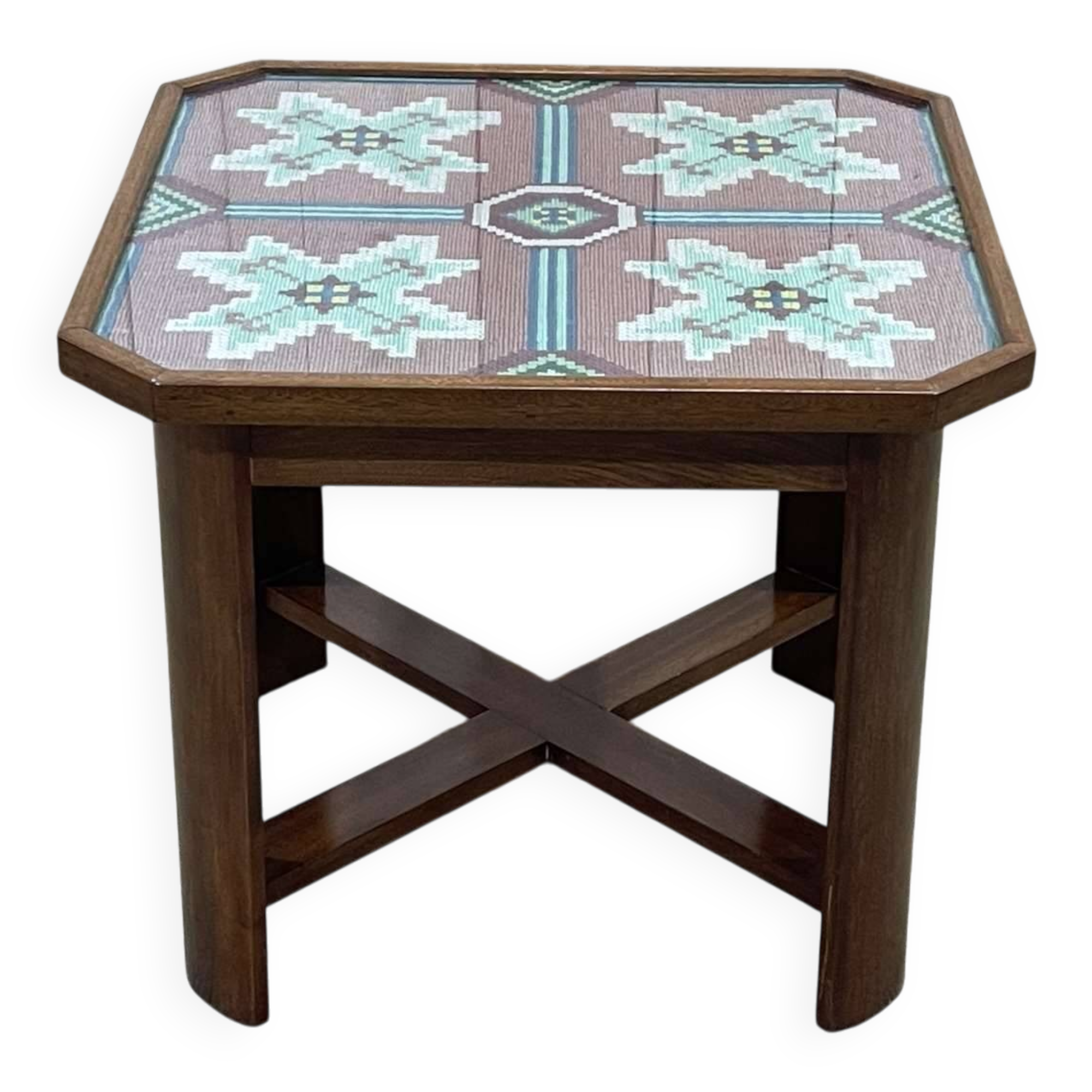 Art Deco side table in mahogany, fabric and glass.