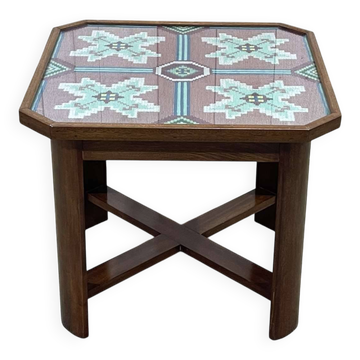 Table d'appoint art déco en acajou, tissu et verre