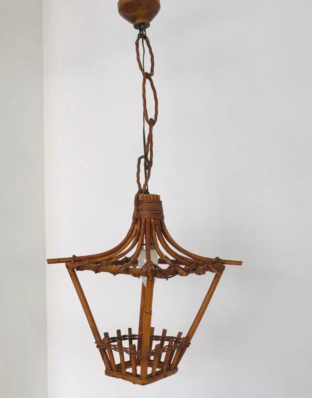 Vintage rattan lamp, old wicker hanging light