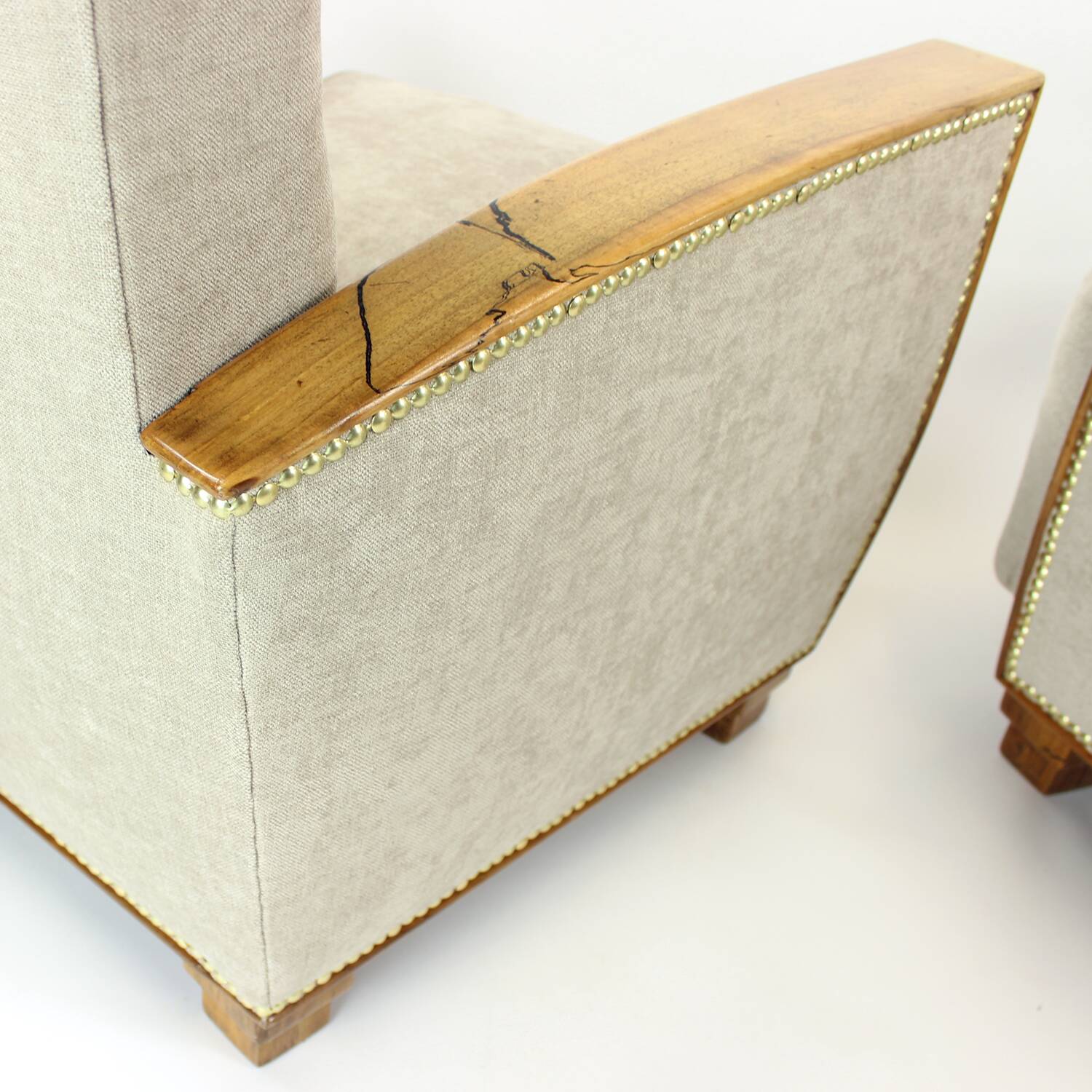 Set Of Two Art Deco Armchairs In Walnut And Fabric, Czechoslovakia 1930s