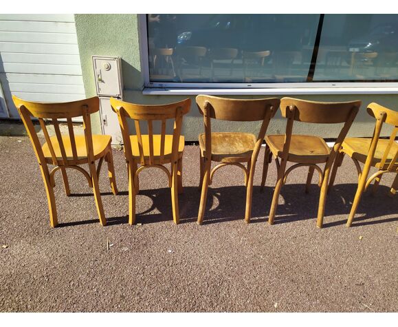 Set of 12 wooden bistro chairs - vintage fischel luterma - mismatched
