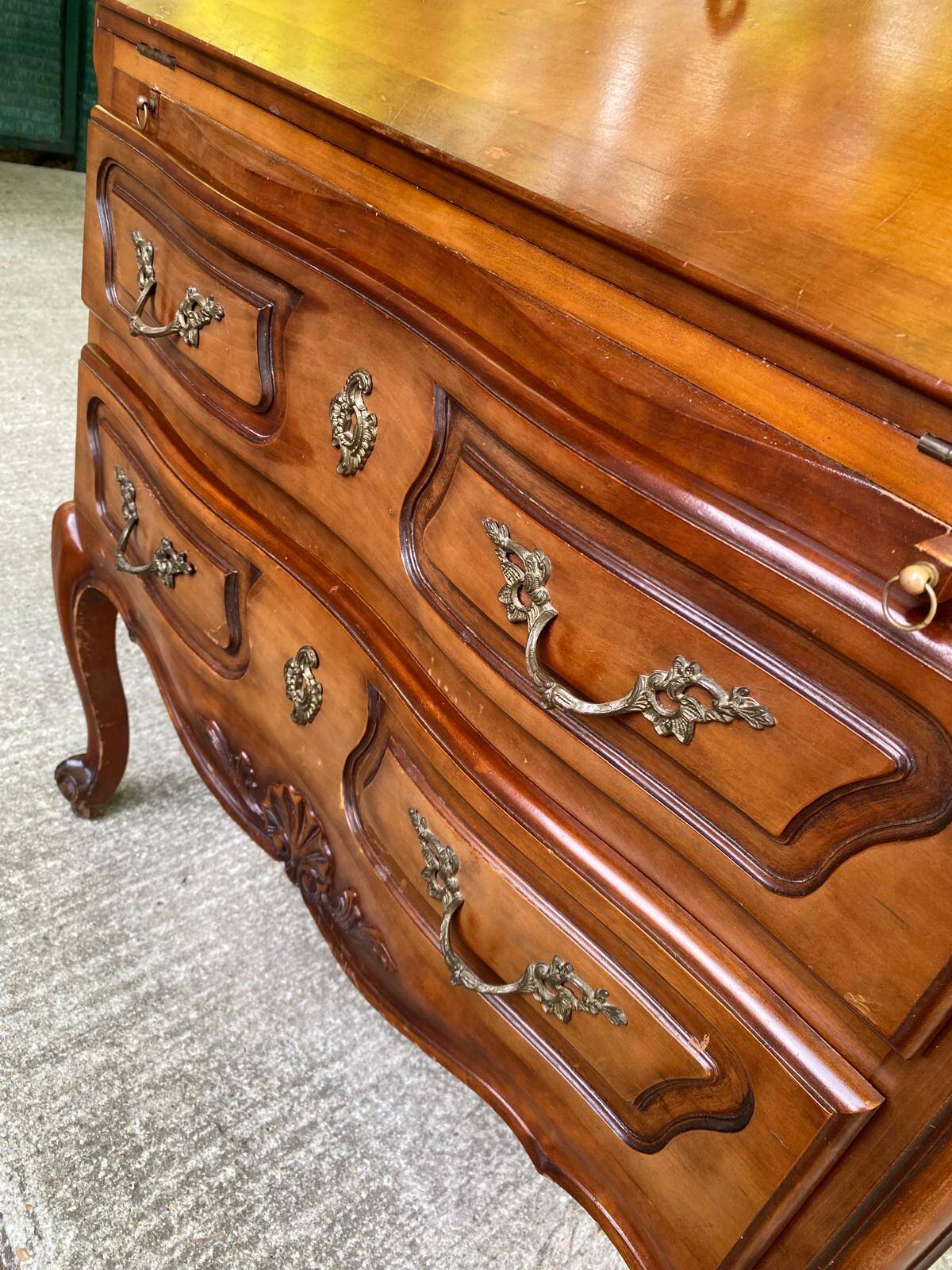Louis XV solid wood and green leather writing desk secretary, 1950.