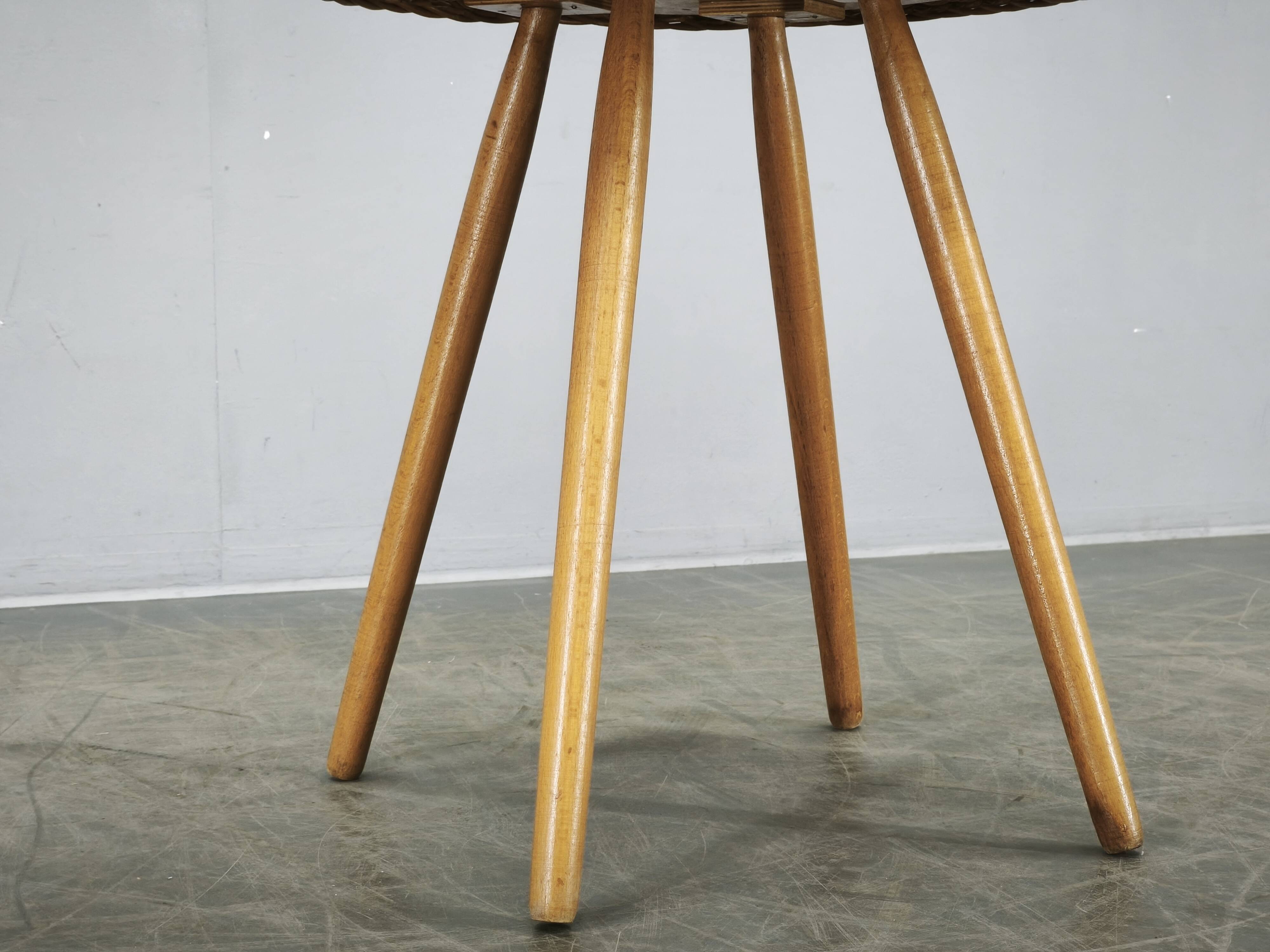 Jan Kalous Rattan and Beech Side Table, Czechoslovakia, 1970s