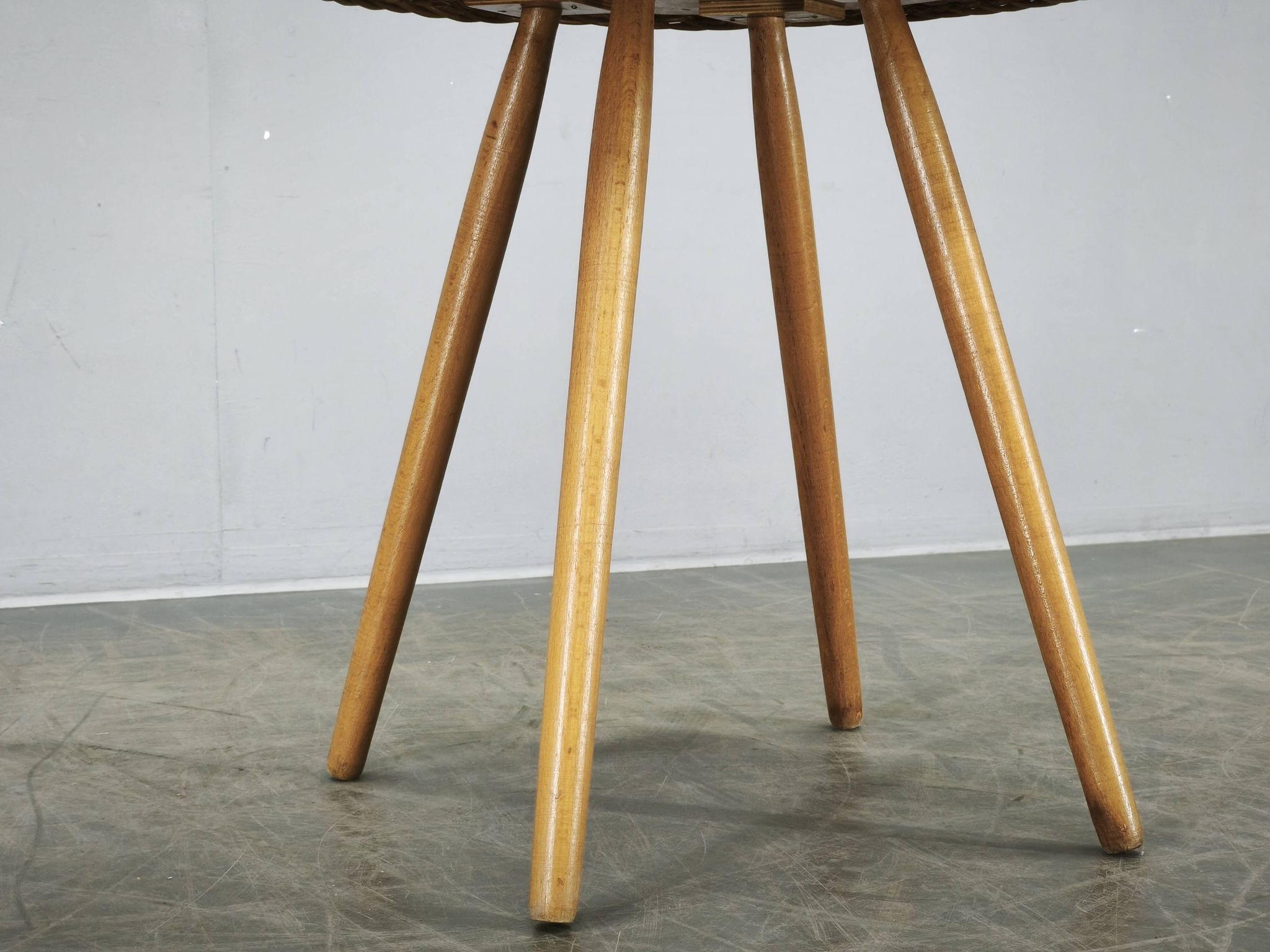 Jan Kalous Rattan and Beech Side Table, Czechoslovakia, 1970s