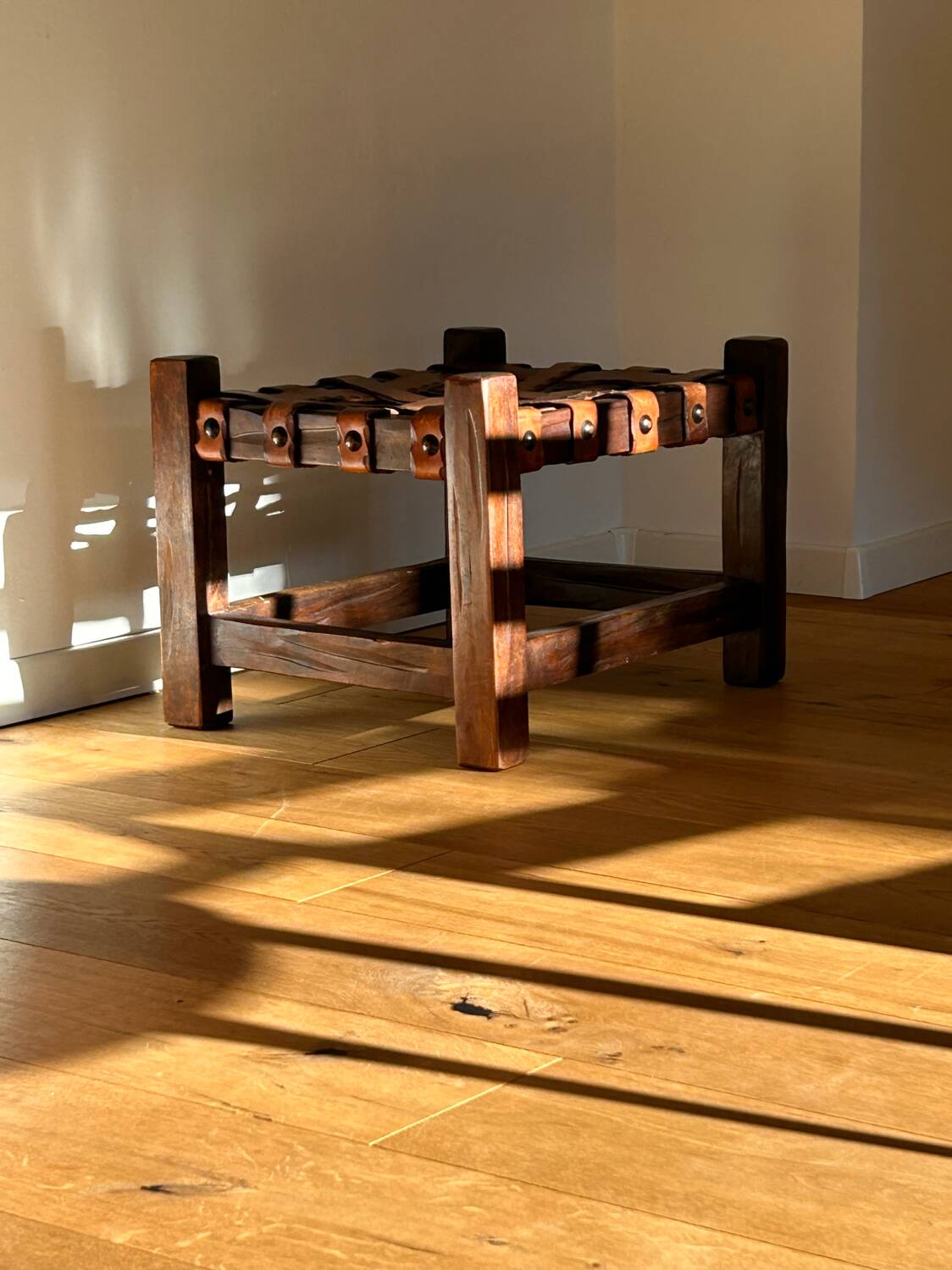 Wooden Brazilian Brutalist Leather Foot Stool Pouf