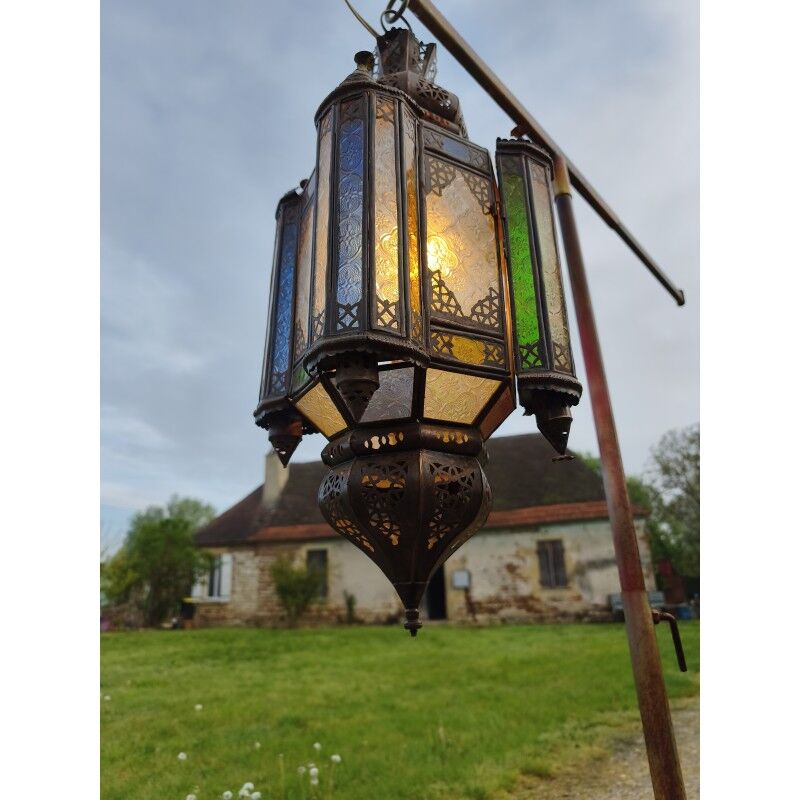 North African lantern suspension in brass and coloured glass.