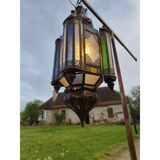 North African lantern suspension in brass and coloured glass.