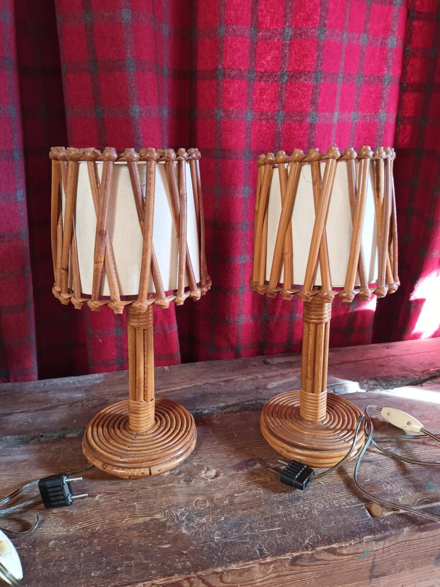 Pair of vintage Louis Sognot lamps in rattan and bamboo from the 60s/70s.