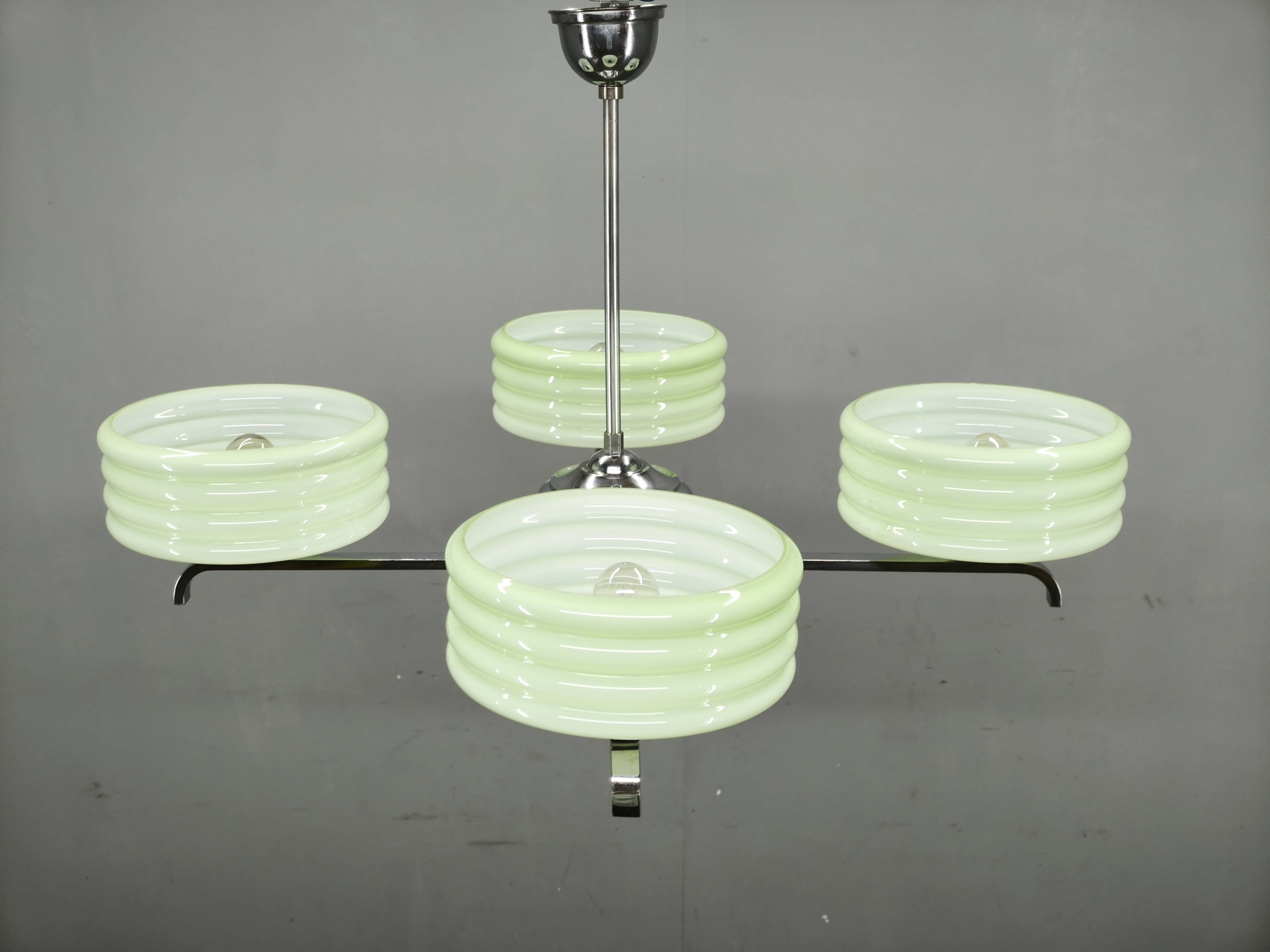 Art Deco Green Opaline Glass Chandelier, Czechoslovakia 1930s