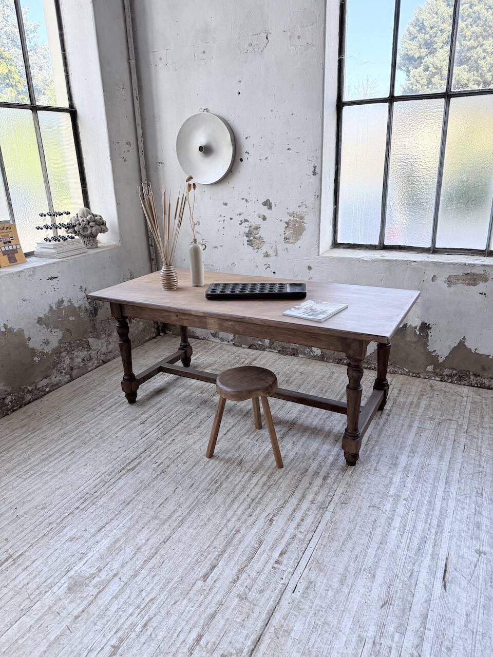 Farm table with turned legs, made of pine and birch, 180cm.
