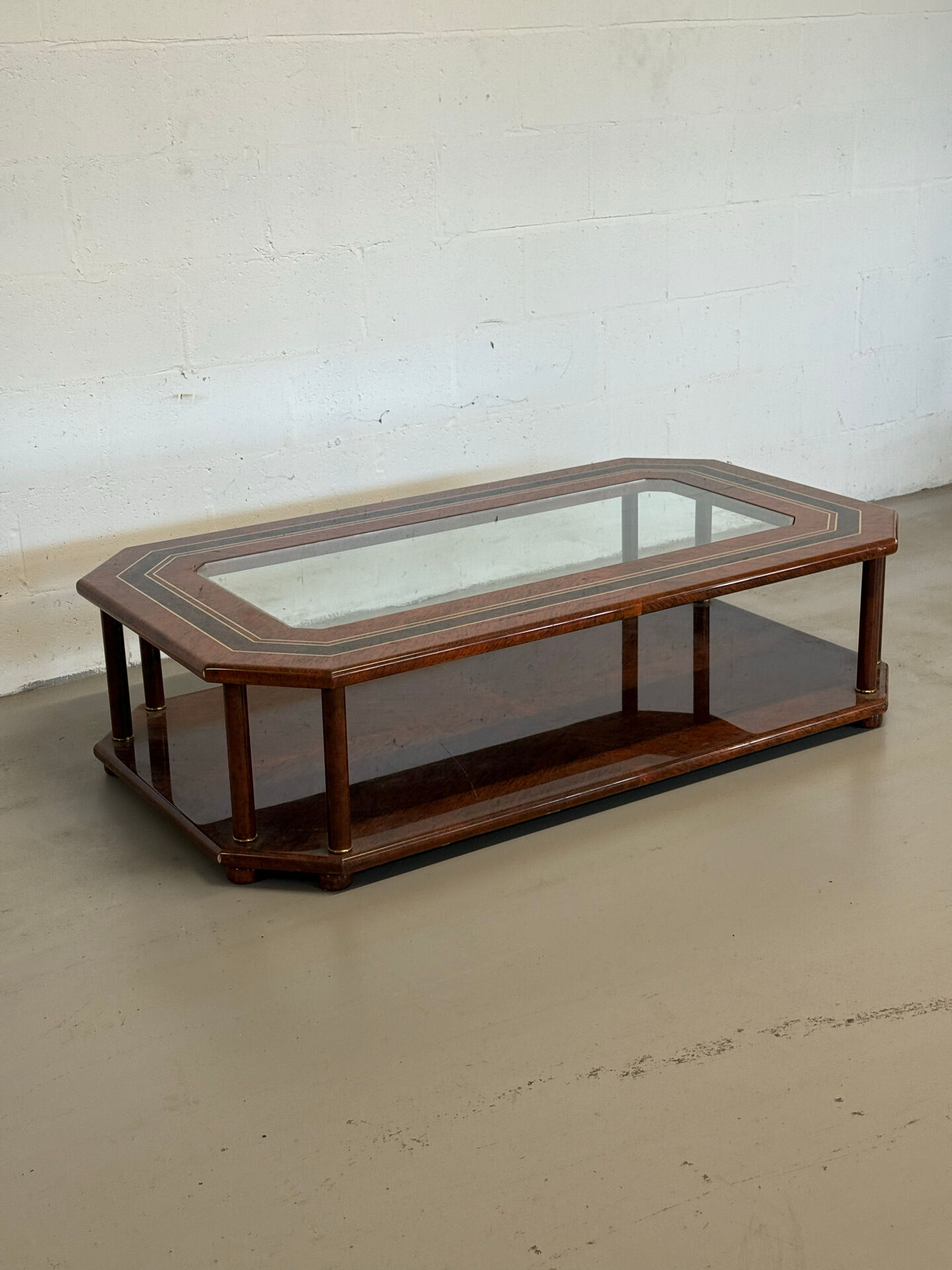 Vintage Octagonal Coffee Table — Glass Top, Brass Details & Two-Tier D